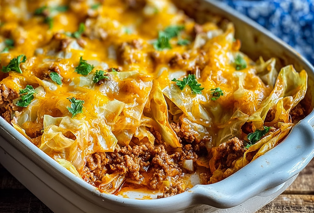 Cabbage Casserole with Beef and Cheddar