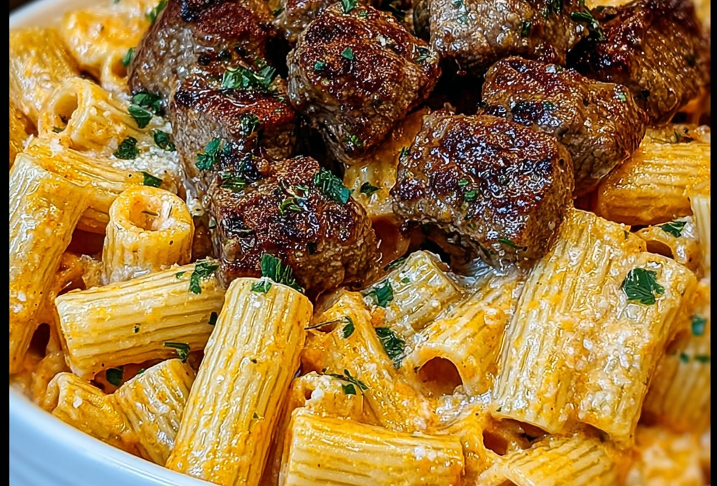 Cajun Steak Tips with Rigatoni and Parmesan Sauce