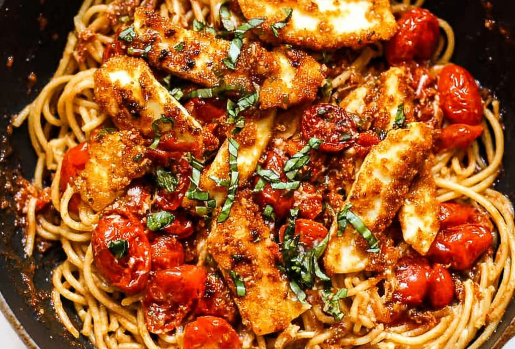 Halloumi Pasta with Roasted Tomatoes and Basil