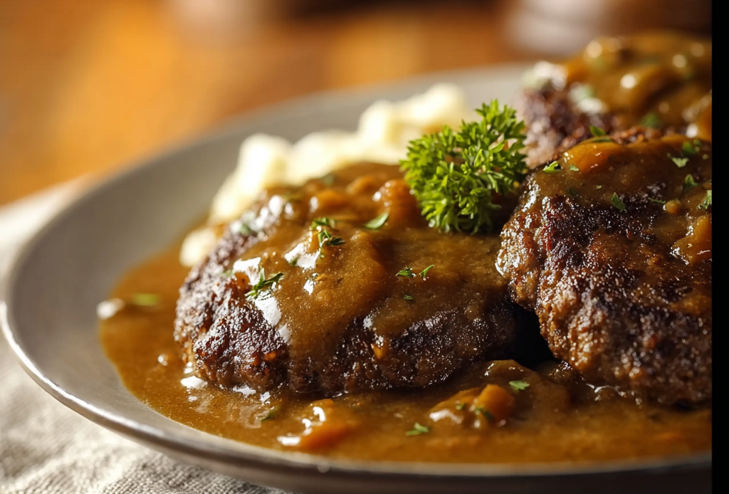 Juicy Hamburger Steaks Smothered in Brown Gravy