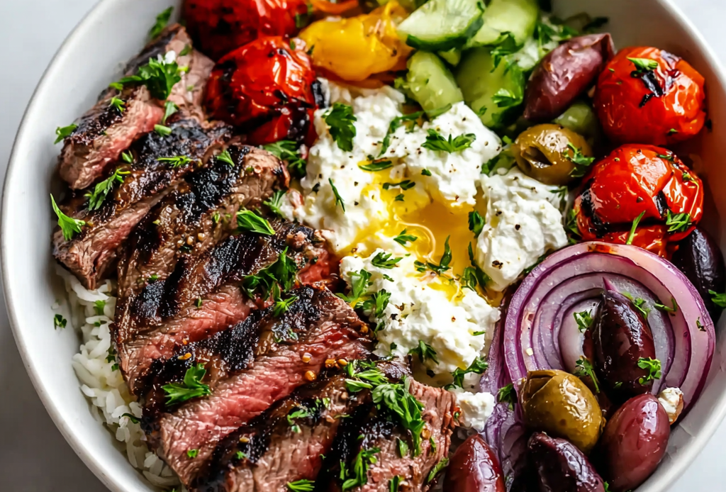 Mediterranean Steak with Rice and Vegetables