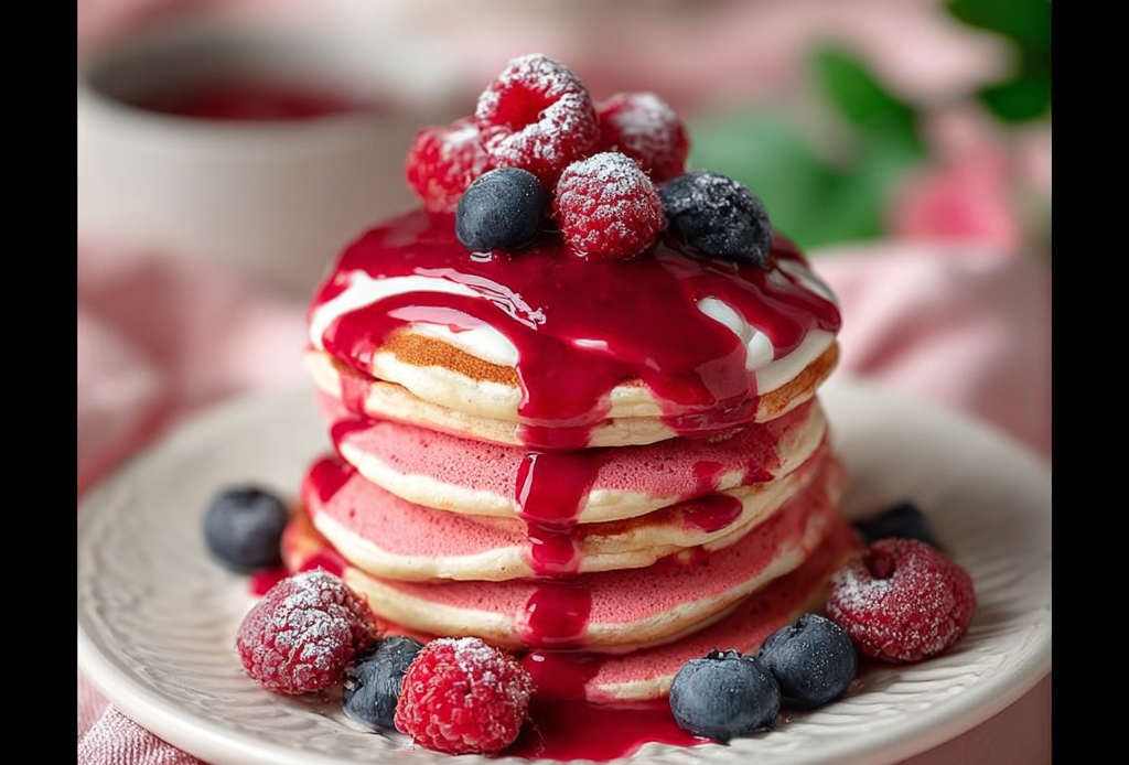 Pink Velvet Pancakes and Berry Sauce