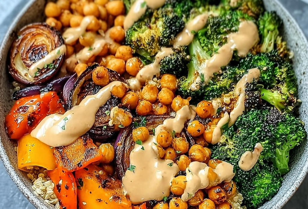 Roasted Vegetable and Chickpea Bowls with Maple Dijon Dressing