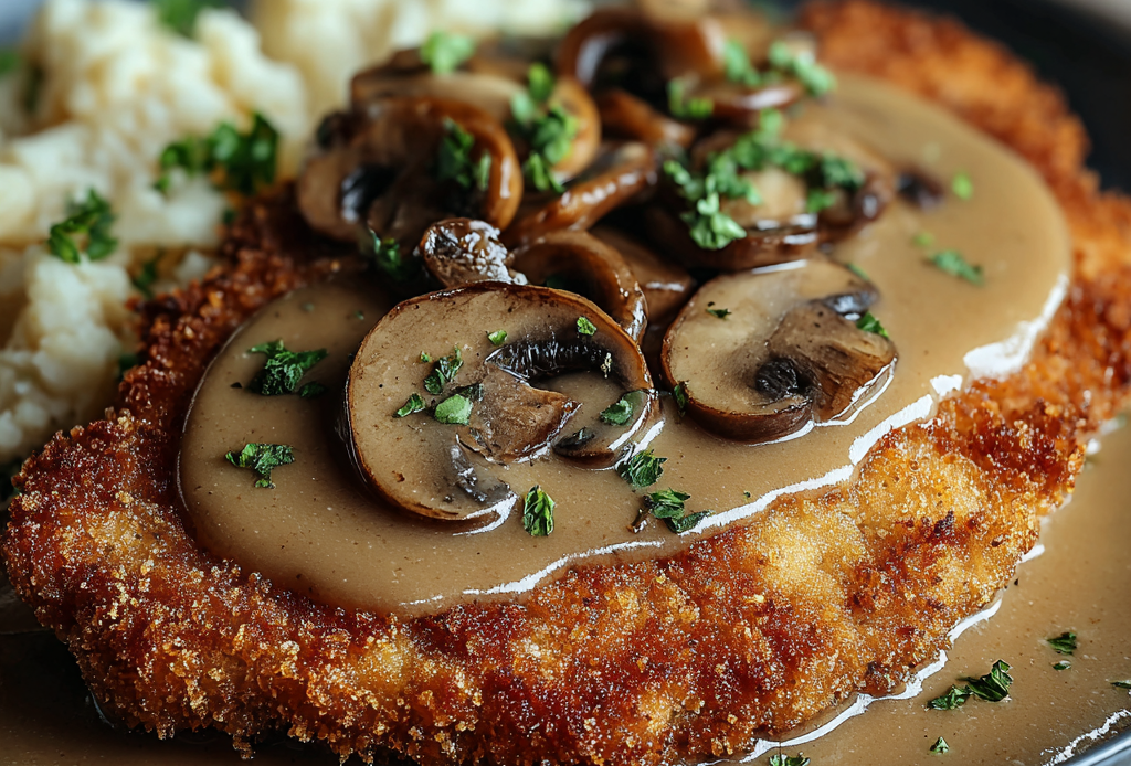 Crispy Pork Schnitzel with Mushroom Gravy