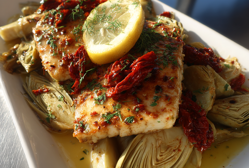 Skillet Swordfish with Sun-Dried Tomatoes and Artichokes