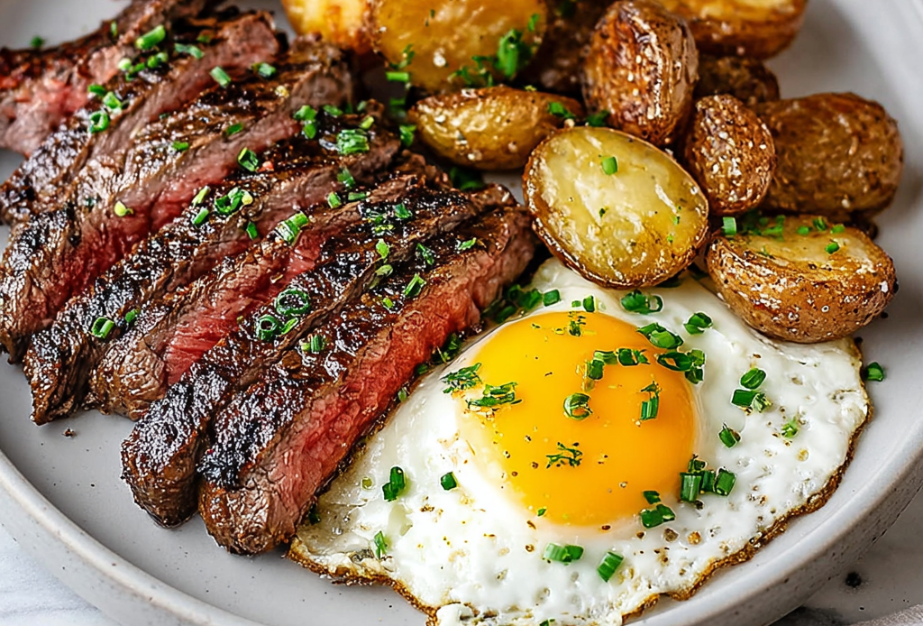 Steak and Eggs Breakfast Preparation
