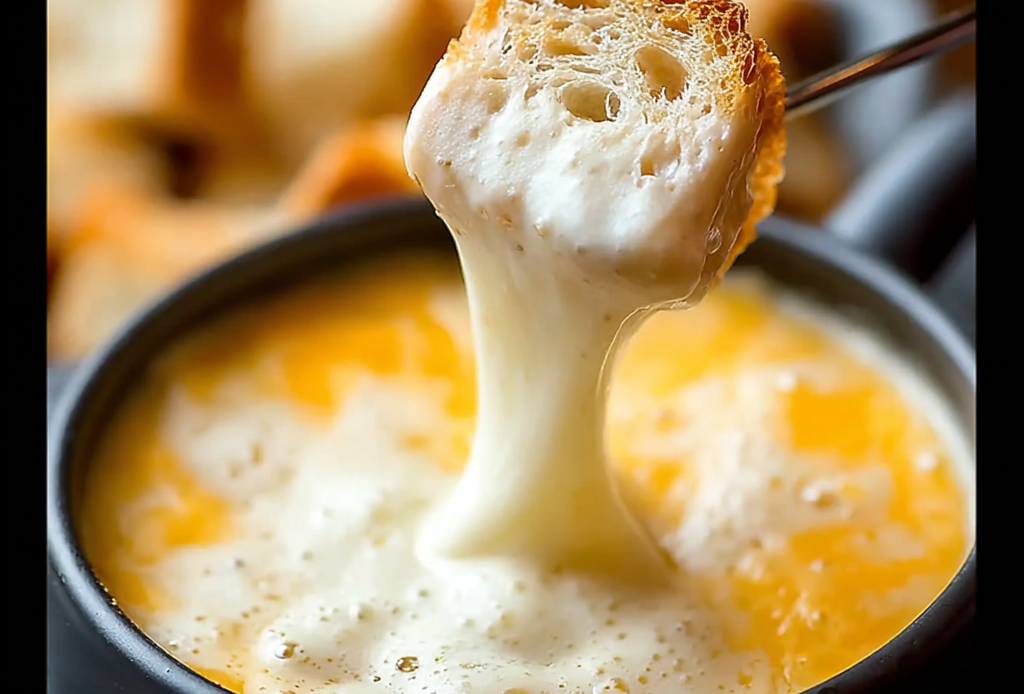 Cheddar Fondue Preparation and Dipping
